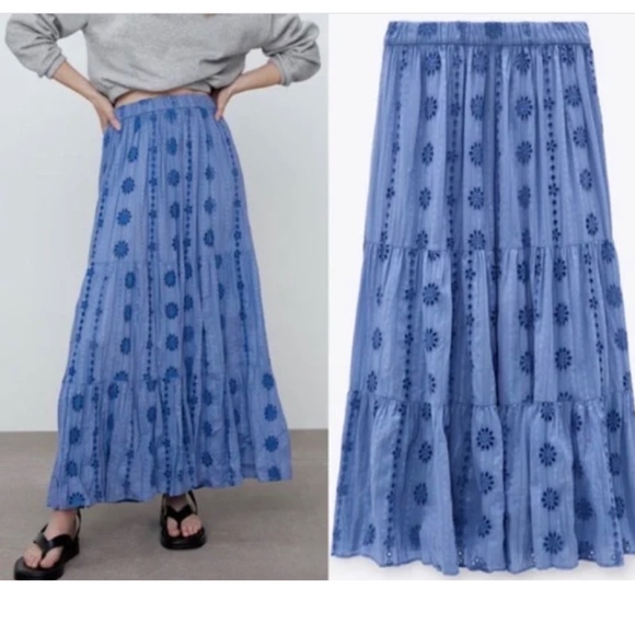 Zara Blue Eyelet Maxi Skirt NWT - Picture 1 of 3